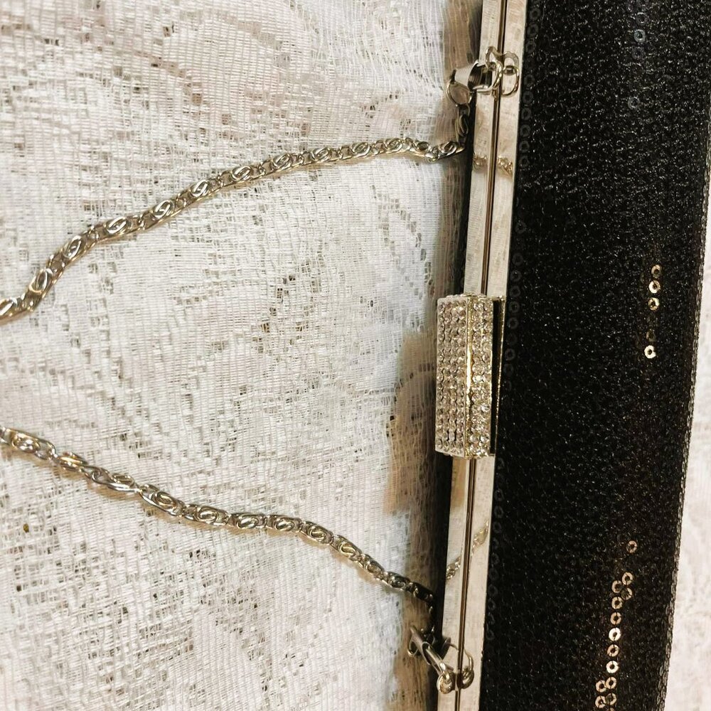 Vintage Black Sequin Cylindrical Clutch, Silver Chain, Elegant, 2000s - Picture 6 of 10